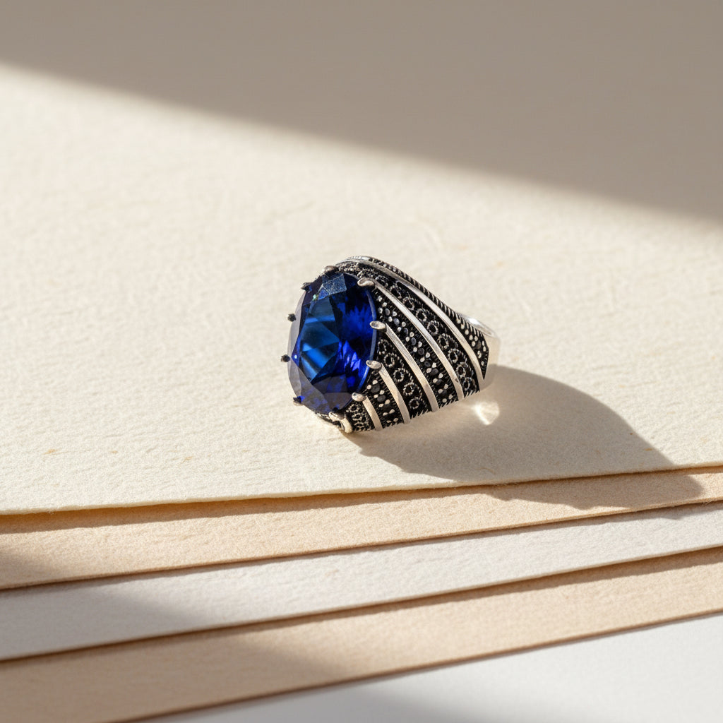 Blauwe Zirkonia Herenring | 925 Zilver