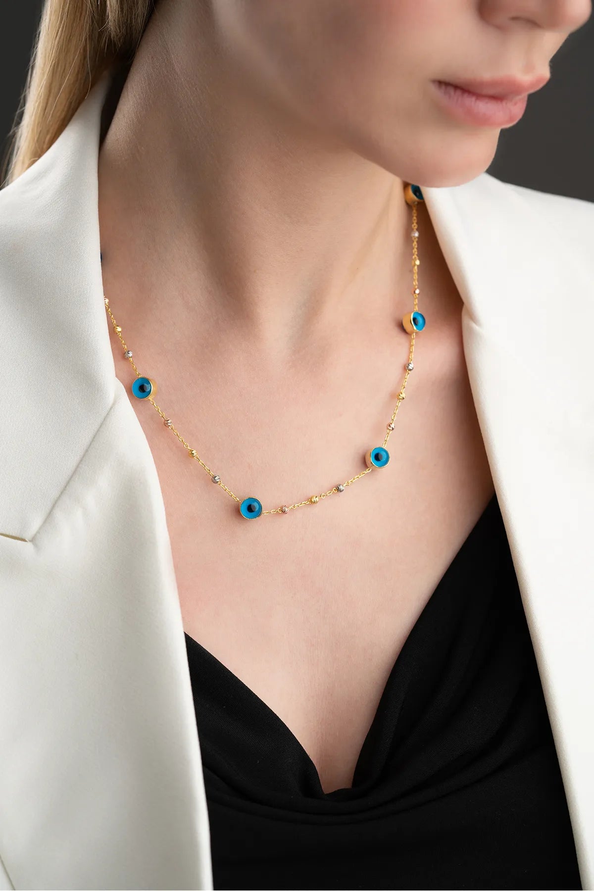 Wütende Augenperlenkette - 925 Silber - blaue Aura