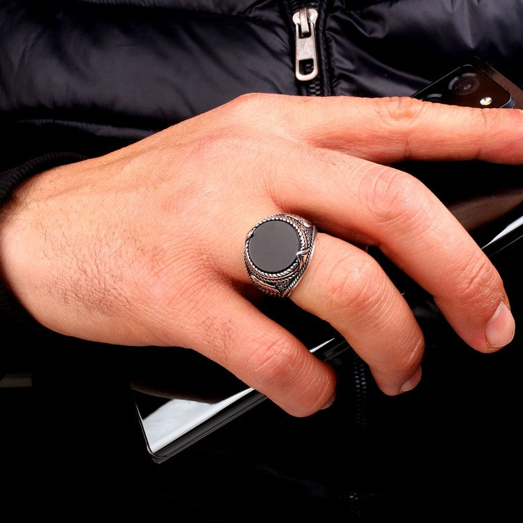 925 Sterling Zilveren Herenring met Onyx Steen en Adelaar Motief