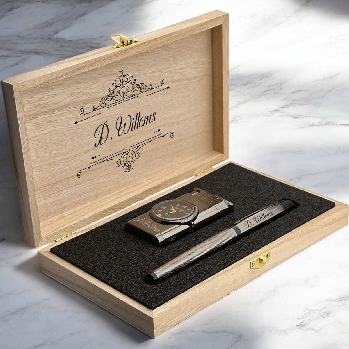 Personalised Watch-Design Lighter & Rollerball Pen Gift Set – Wooden Box