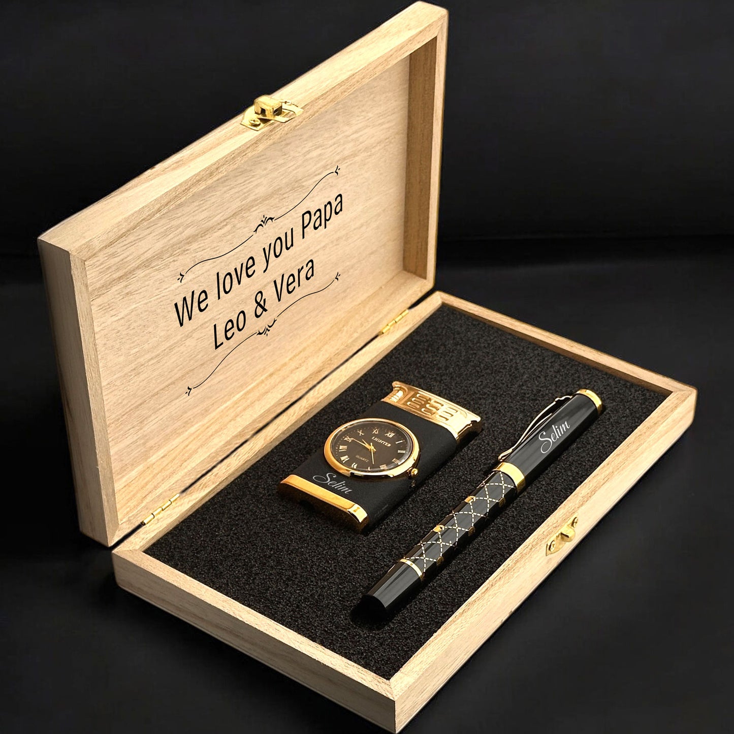 Persönlich eingraviert mit und Rollerpen -Geschenkset - in Holzkiste
