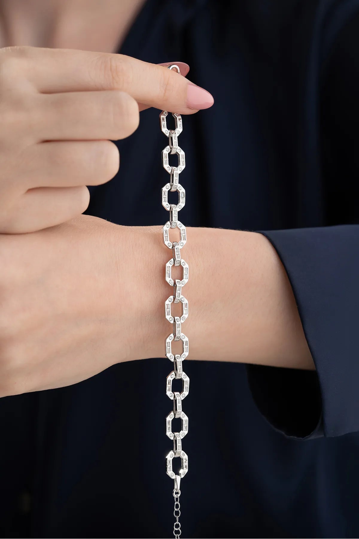 Zilveren Schakelarmband met Baguette Steentjes