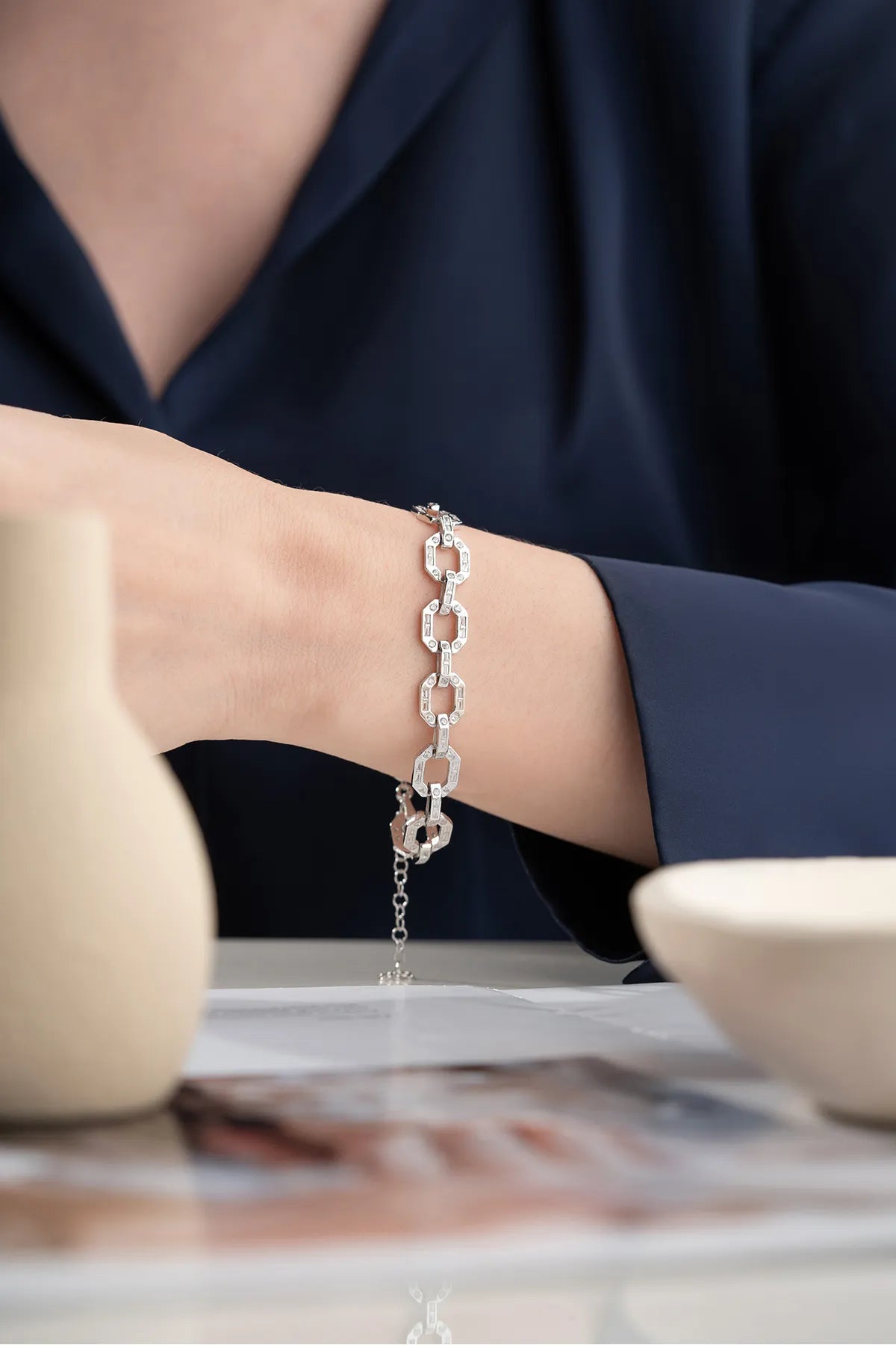 Zilveren Schakelarmband met Baguette Steentjes