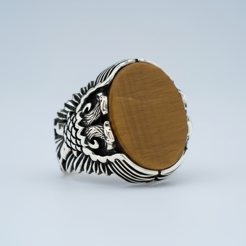 Tigerauge-Stein-Doppeladler-Ring aus Sterlingsilber BLK004