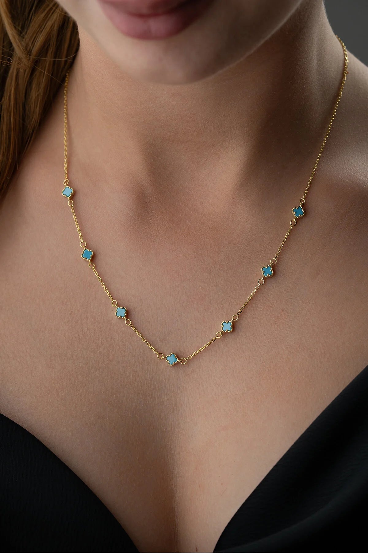 Lucky Blue 925 - vergoldete Halskette mit türkisfarbenen Klee vier