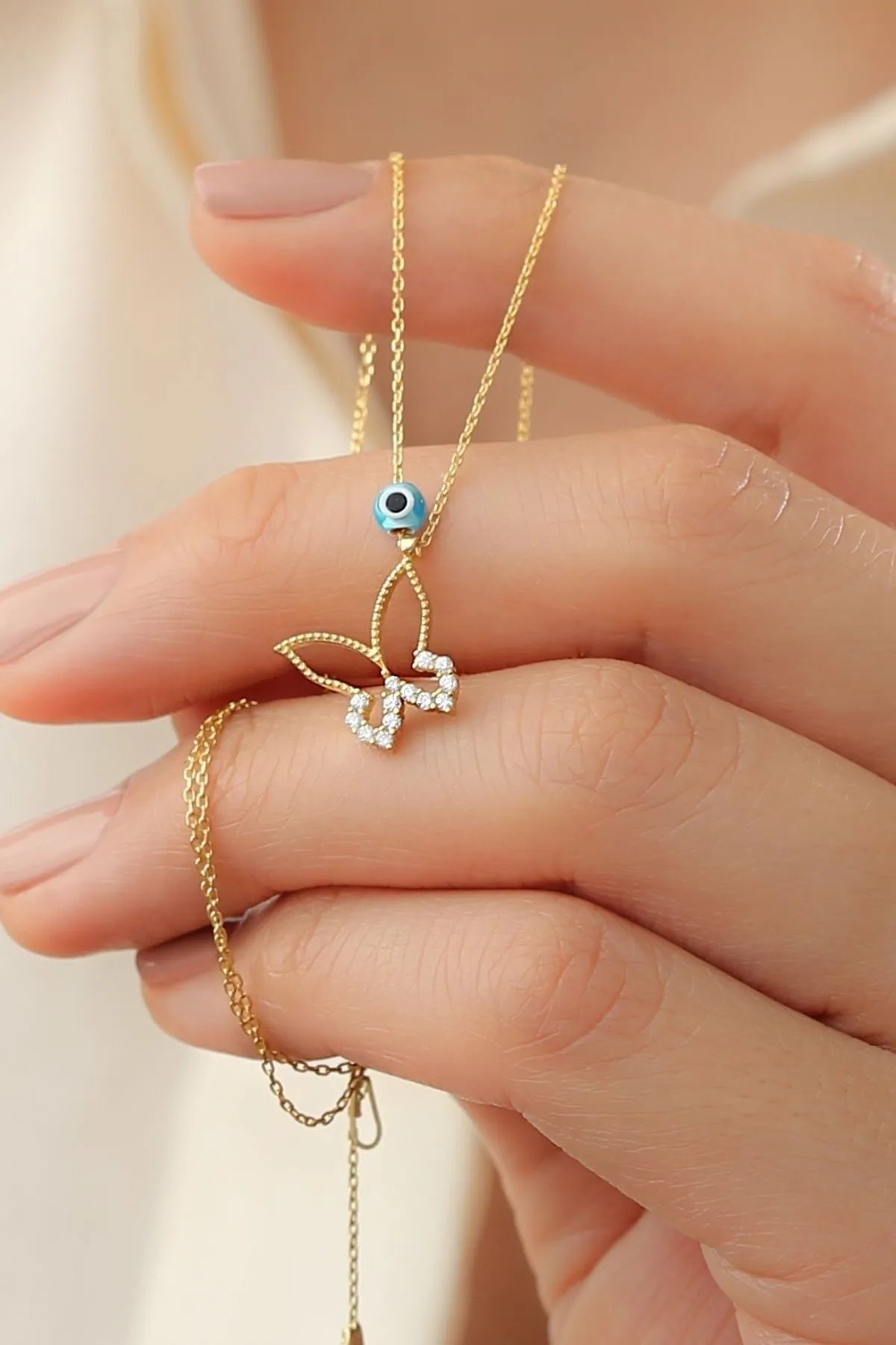 925 Sterling Zilveren Ketting met Vlinder en Oogbedel