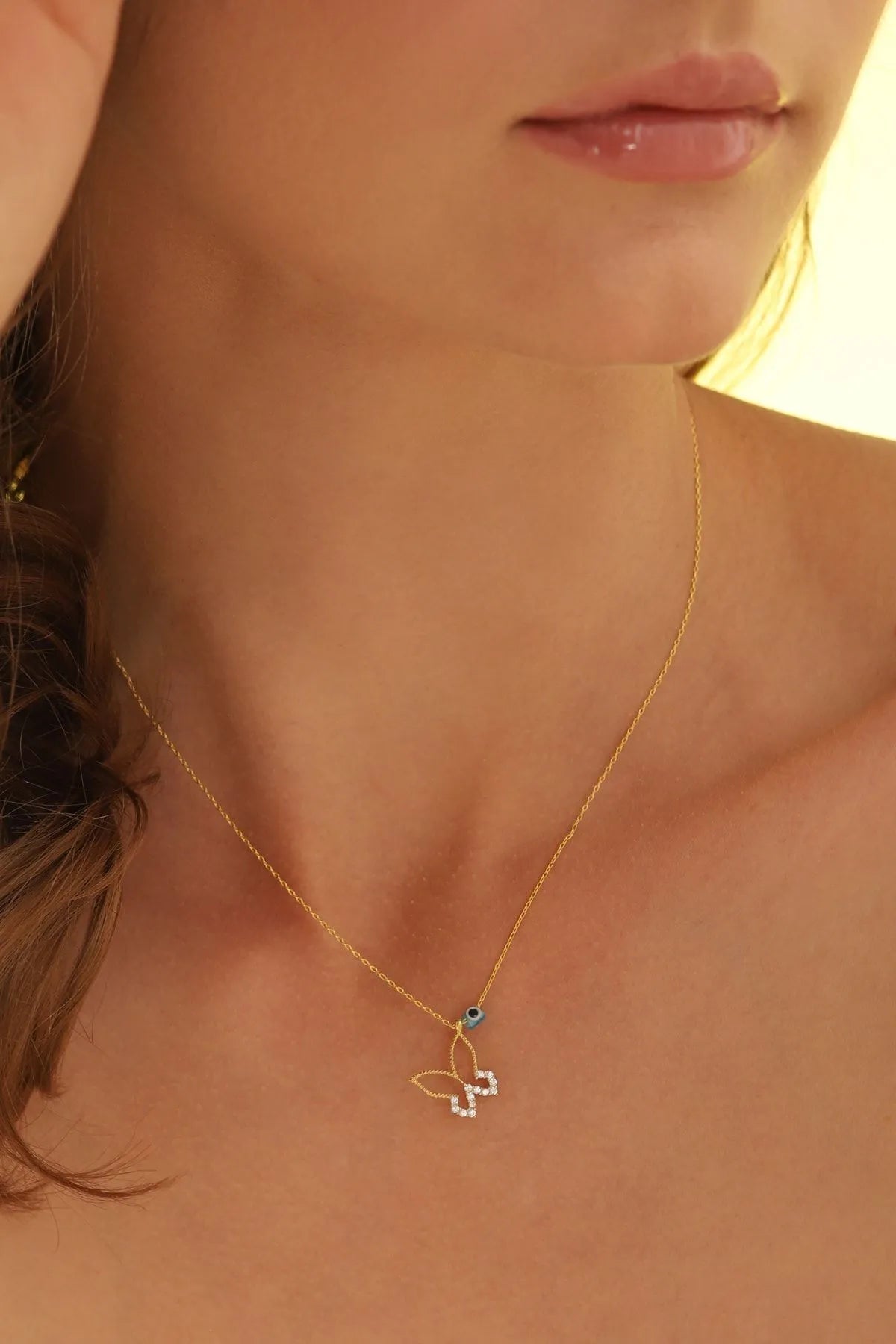 925 Sterling Zilveren Ketting met Vlinder en Oogbedel