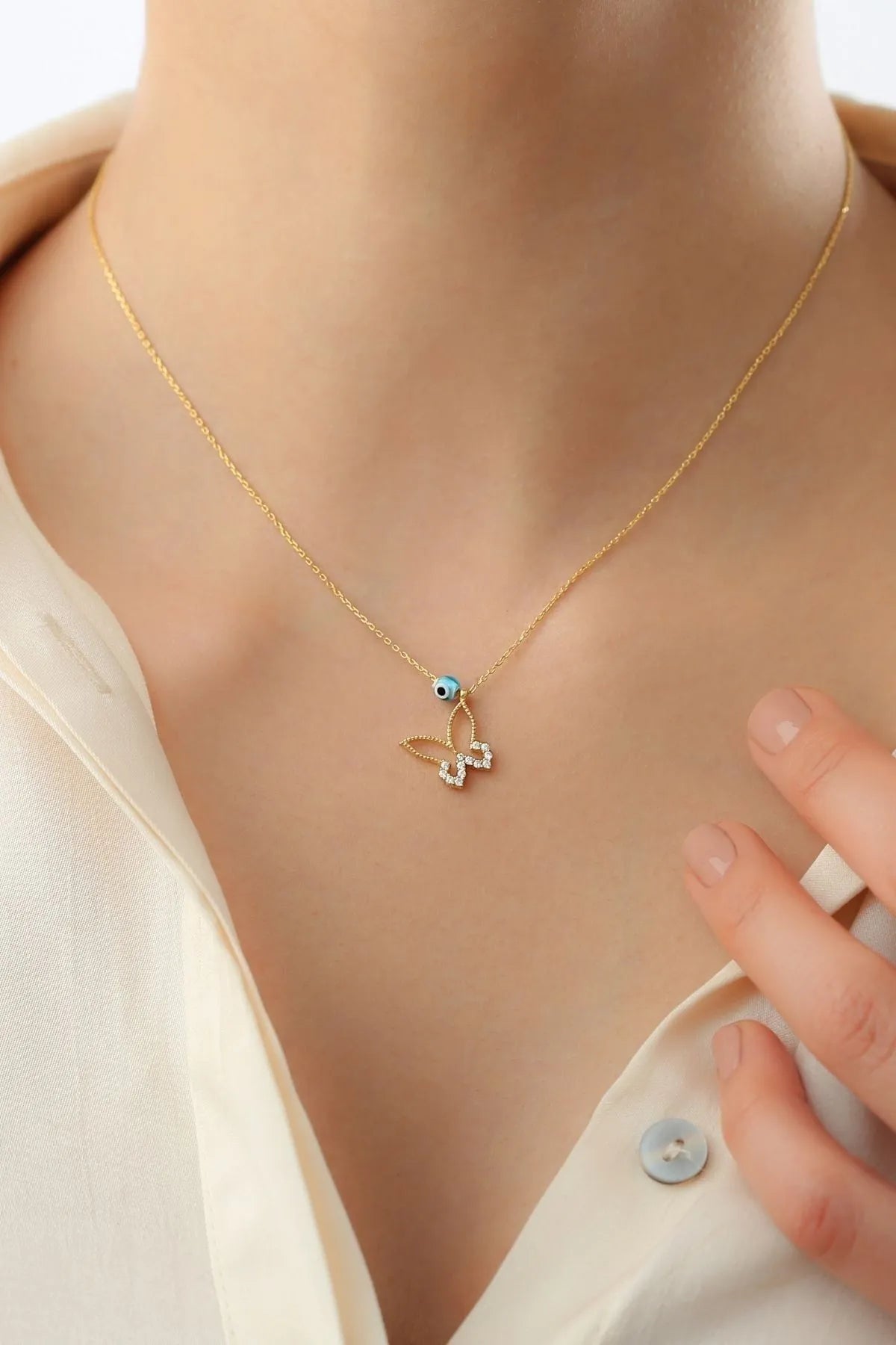 925 Sterling Zilveren Ketting met Vlinder en Oogbedel