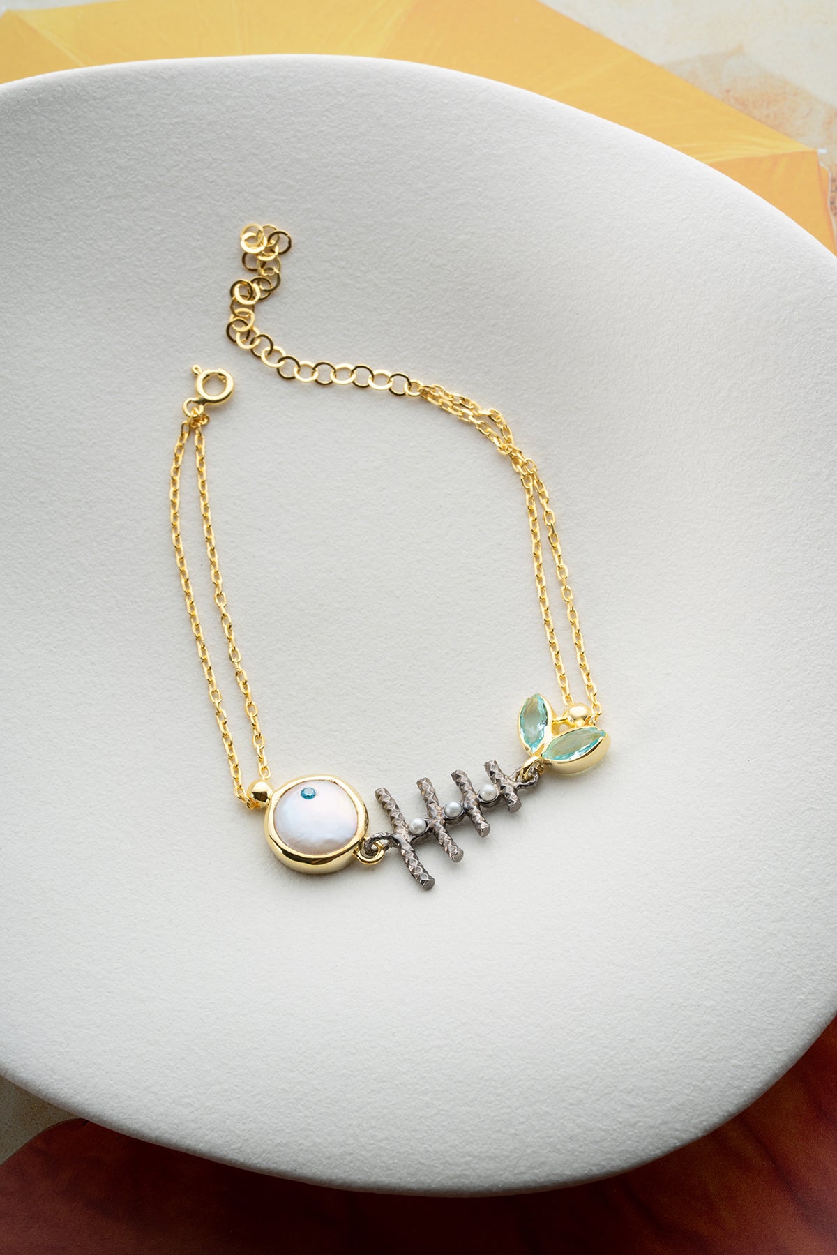 925 Silberarmband mit Fischgräten- und Edelsteinen