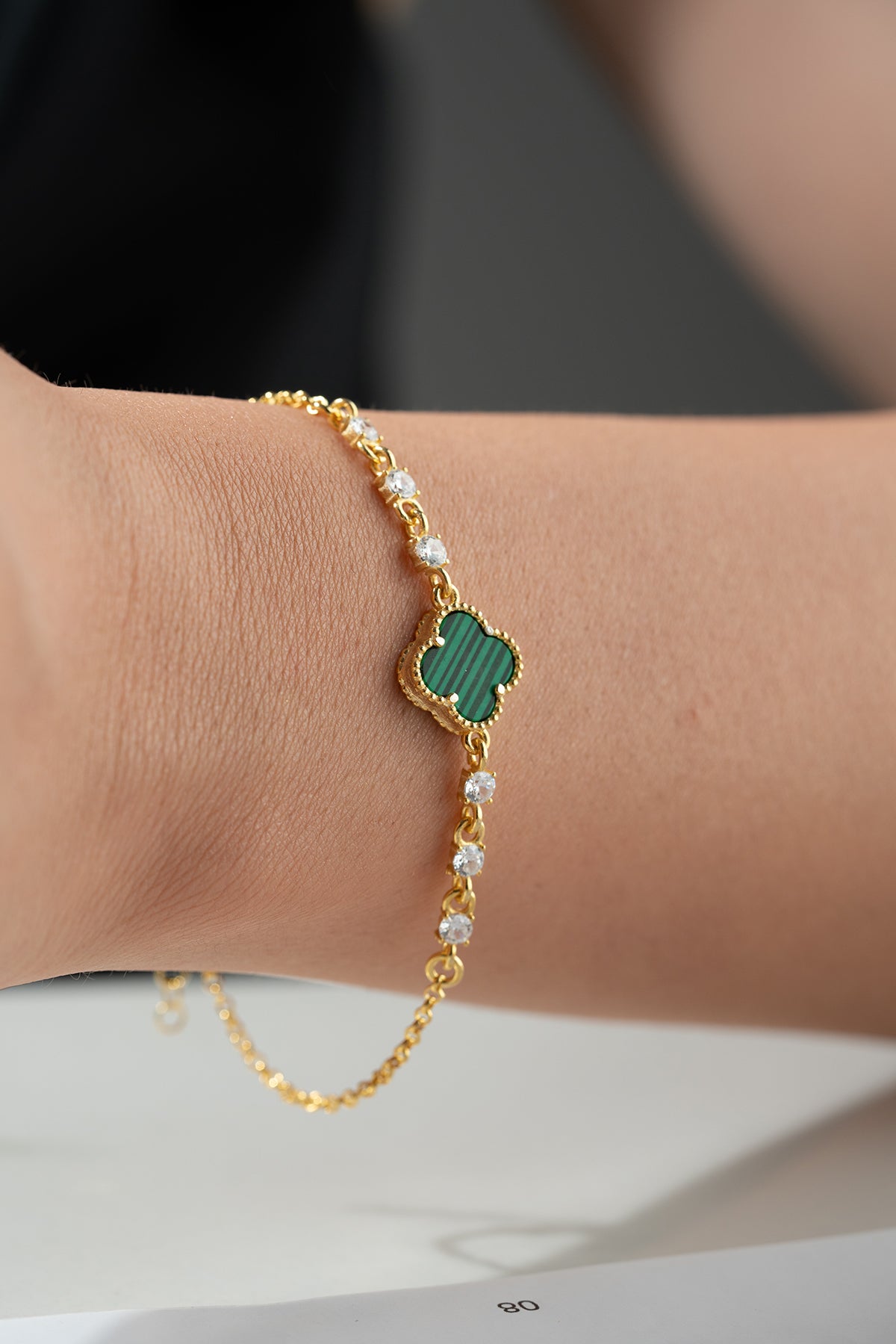 925 Silberarmband mit Malachit Klaver und Zirkonia