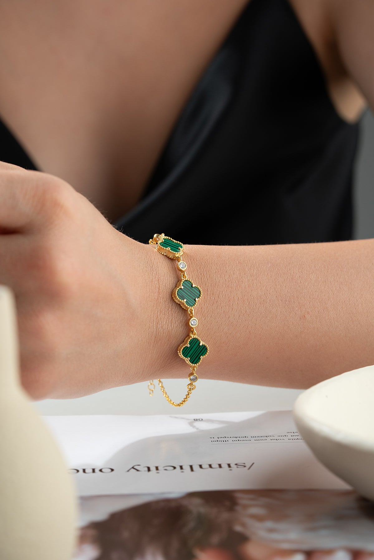 925 Zilveren Armband met Malachiet Klaver