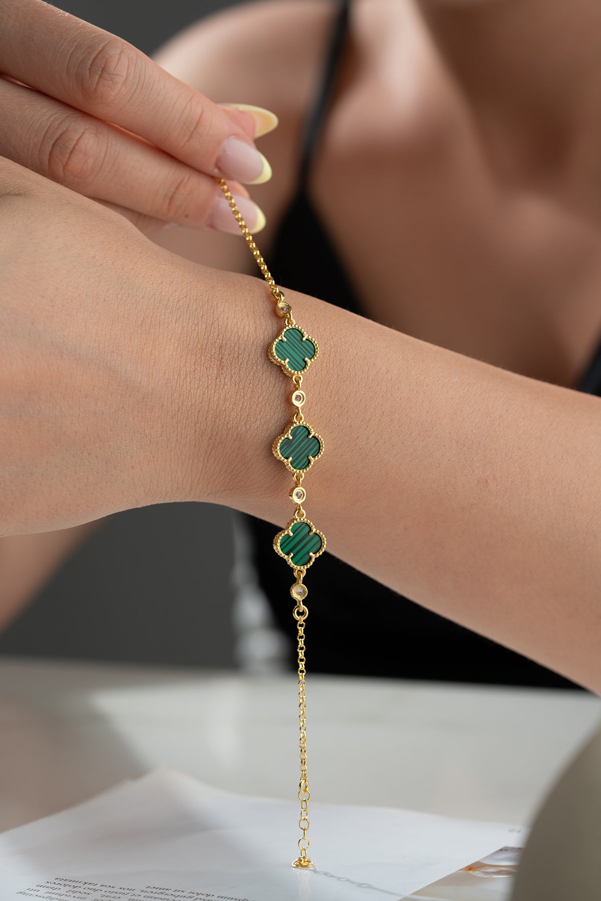 925 Zilveren Armband met Malachiet Klaver