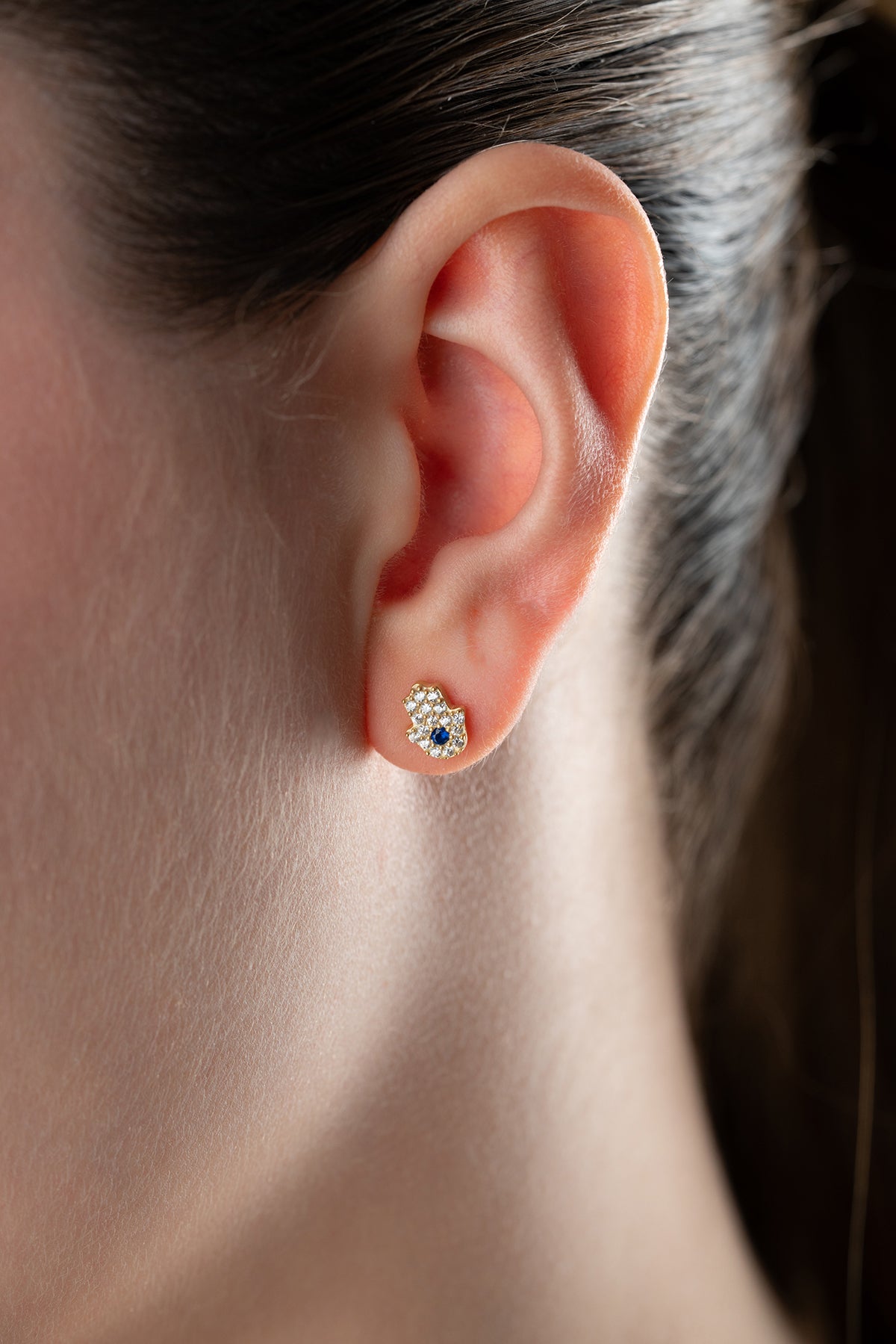 Hamsa Oorknopjes met Blauwe Steen – 925 Zilver