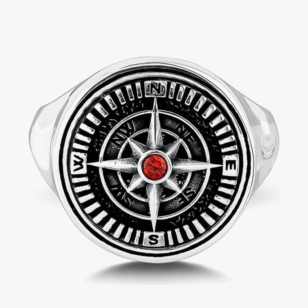 Kompass-Siegelring mit rotem Zirkonia