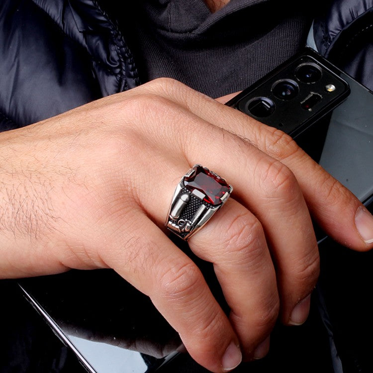 925 silberner Herrenring mit rotem Stein
