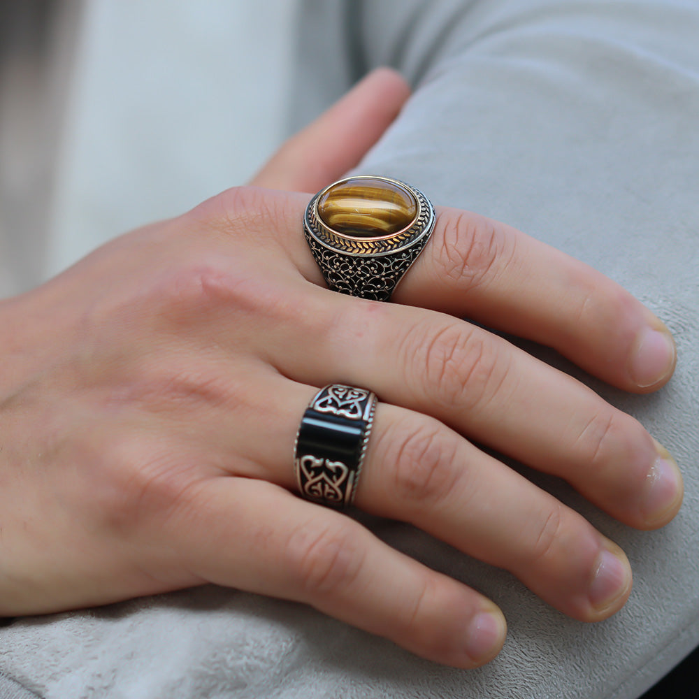 925 Zilveren Heren Ring Met Tijgeroog Ovale Steen LMR214
