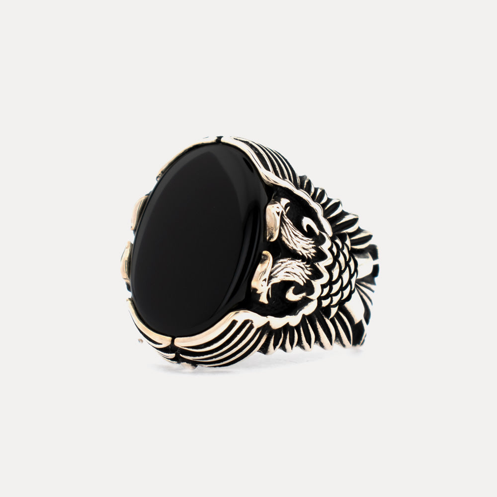 Doppelköpfiger Onyx-Stein-Silberring BLK009