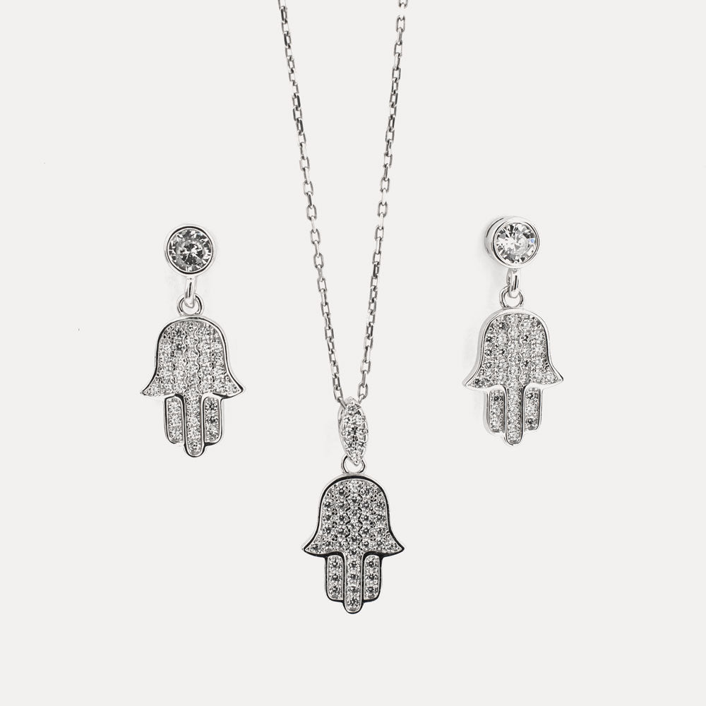 925 sterling zilveren set Hamsa Hand ketting en oorknoppen BLNE003