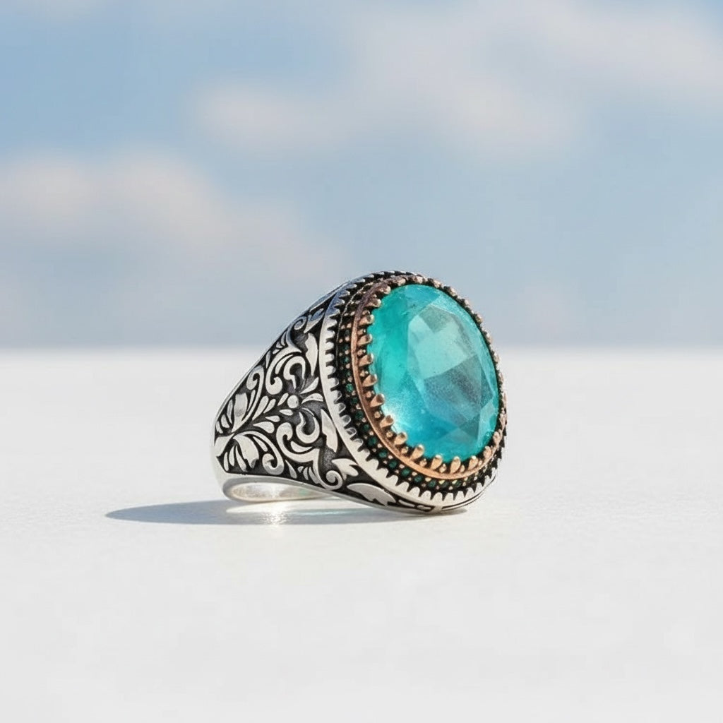 Herrenring mit Paraiba -Stein - 925 Sterlingsilber