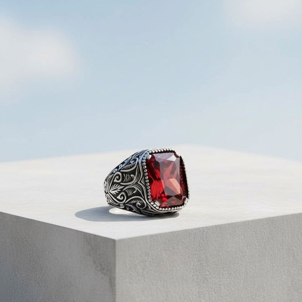 Herrenring aus 925er Silber mit rotem Stein