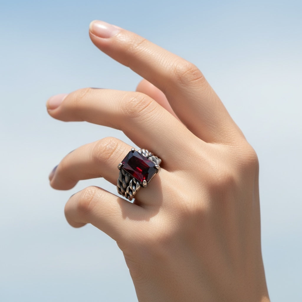 Herrenring aus 925er Silber mit rotem Stein