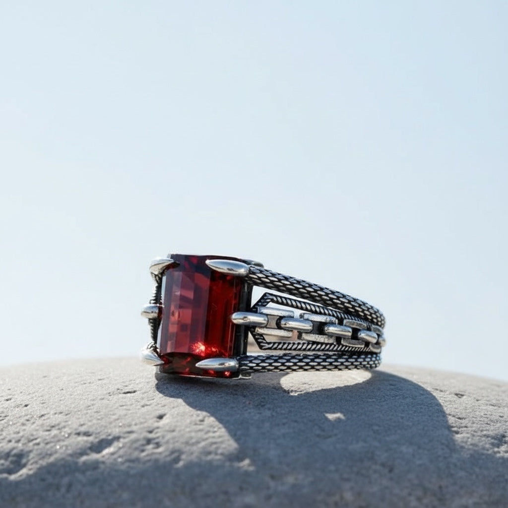 Herrenring aus 925er Silber mit rotem Stein