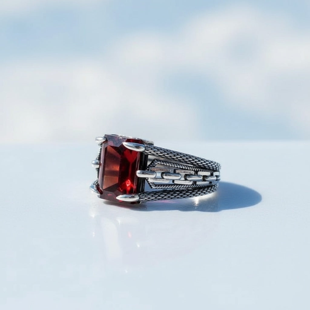 Herrenring aus 925er Silber mit rotem Stein