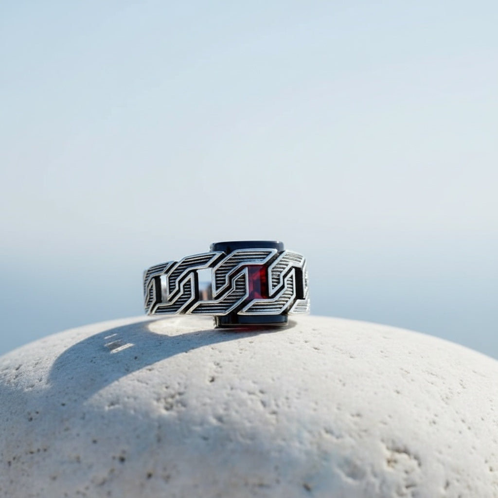 Herrenring aus 925er Silber mit rotem Stein
