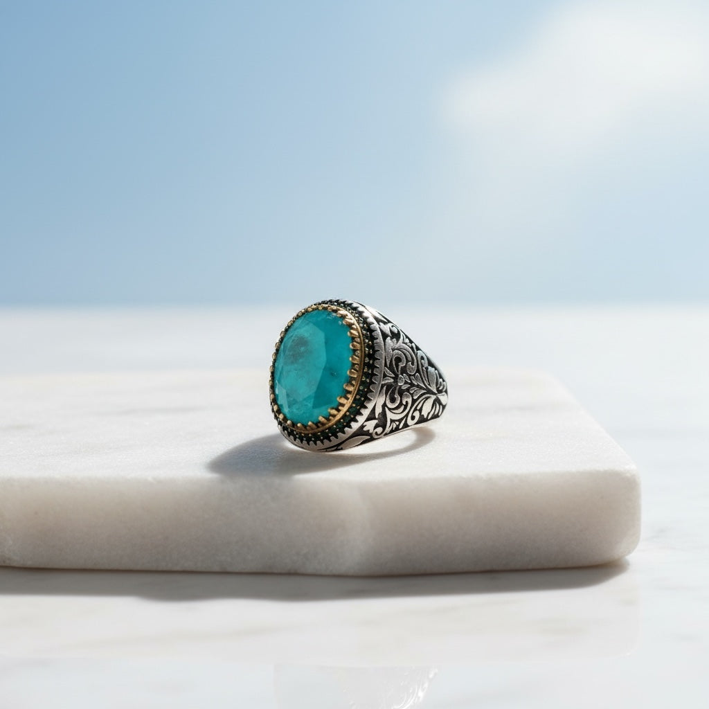 Herrenring mit Paraiba -Stein - 925 Sterlingsilber