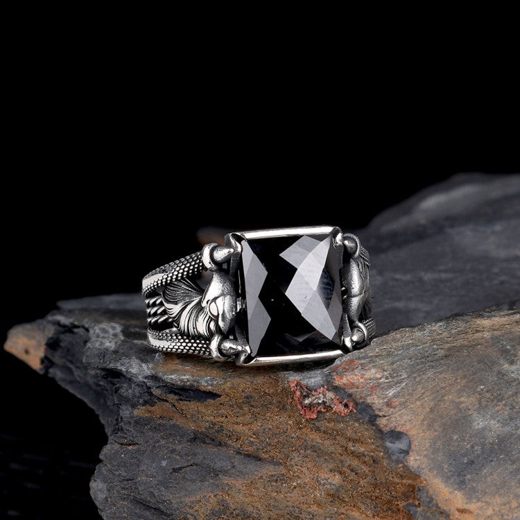 925 Zilveren Herenring met Adelaar Motief en Zwarte Steen