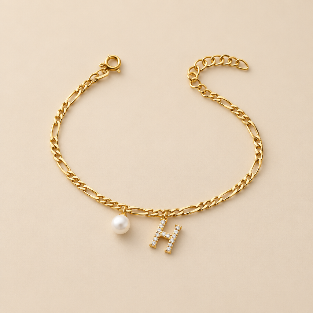 Figaro Armband mit Buchstabe & Perle | 925 Silber