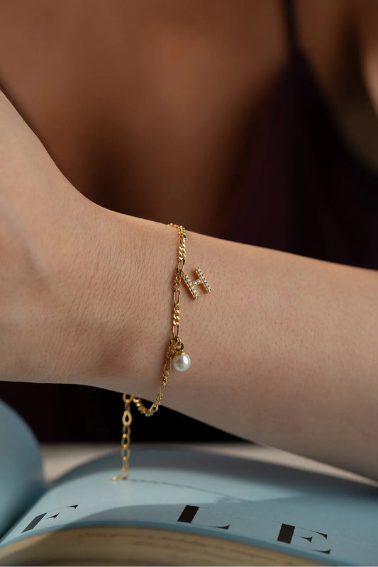 Figaro Armband mit Buchstabe & Perle | 925 Silber