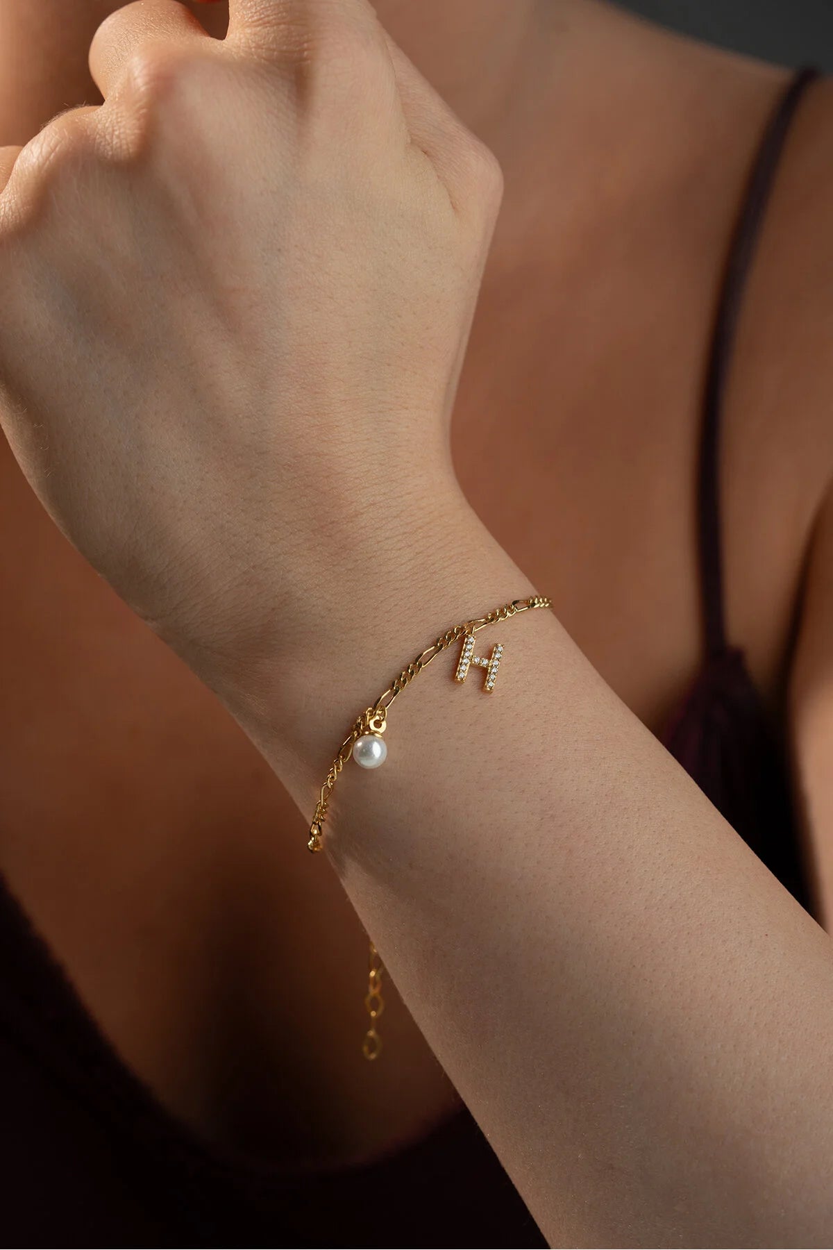 Figaro Armband mit Buchstabe & Perle | 925 Silber