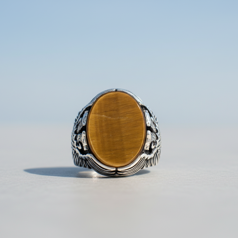 Tigerauge-Stein-Doppeladler-Ring aus Sterlingsilber BLK004