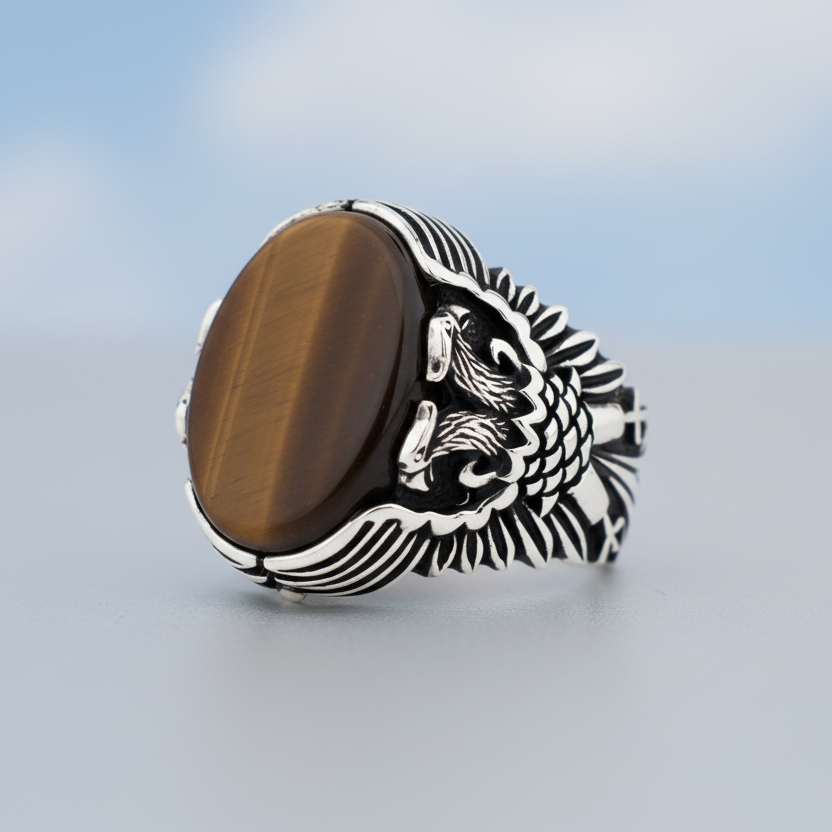 Tigerauge-Stein-Doppeladler-Ring aus Sterlingsilber BLK004