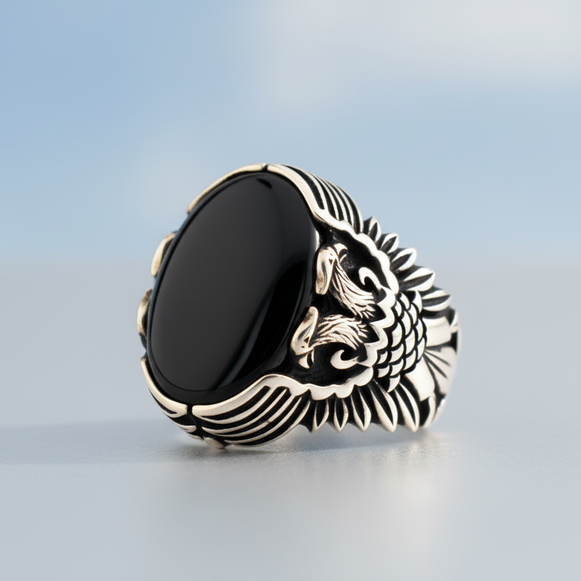 Doppelköpfiger Onyx-Stein-Silberring BLK009