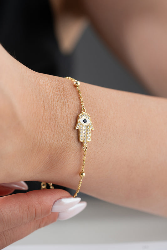 Vergoldetes Armband mit Hamsa-Hand & Auge