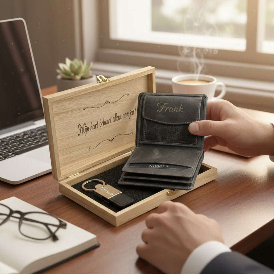 Personalisierte Geschenkset - graue Brieftasche - Schlüsselbund - Geschenkset