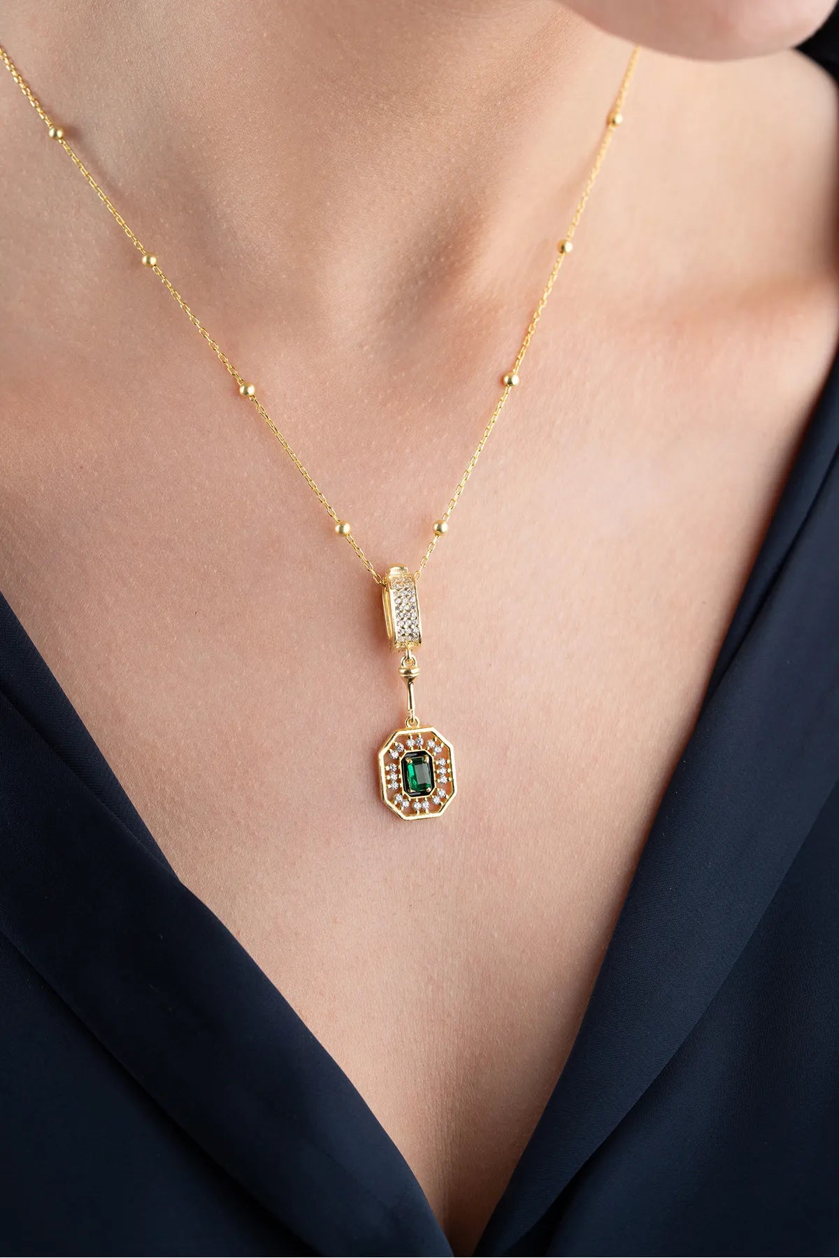 Serenay Ketting van 925 Zilver met Groene Steen