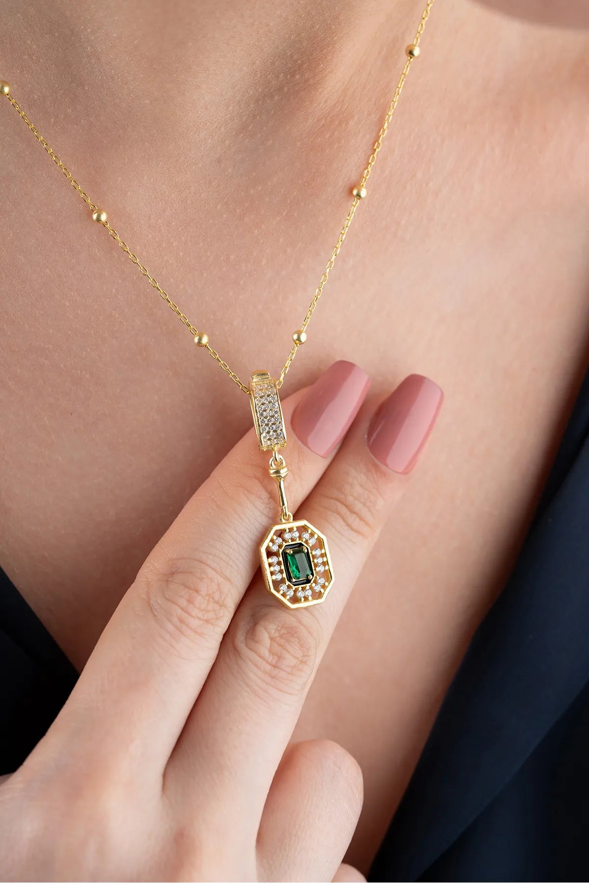 Serenay Ketting van 925 Zilver met Groene Steen