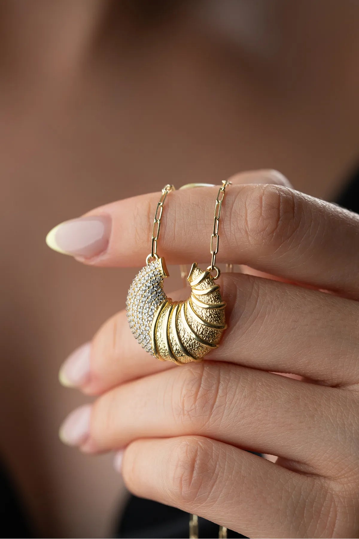 925 Sterling Zilveren Croissant Ketting met Steentjes