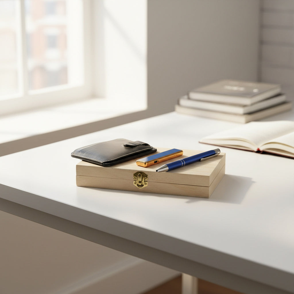 Personalisiertes Geschenkset aus Lederkartenetui, USB-Feuerzeug und blauem Stift