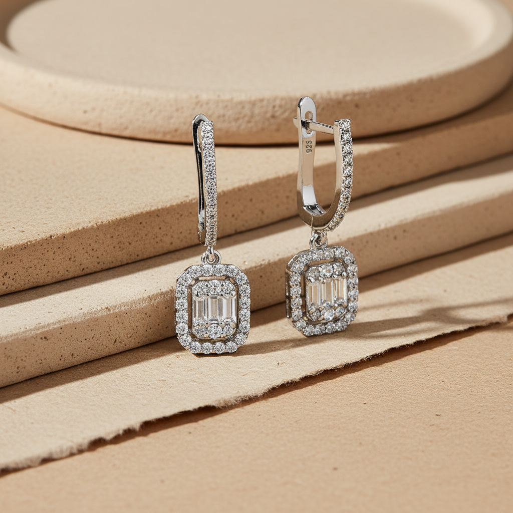 Silberne Luxusohrringe mit weißen Zirkonias DMNK002