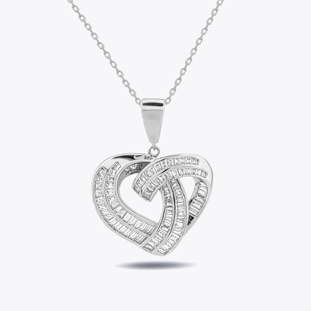 Hartvormige 925 Sterling Zilveren Ketting met Baguette en Zirkoonstenen