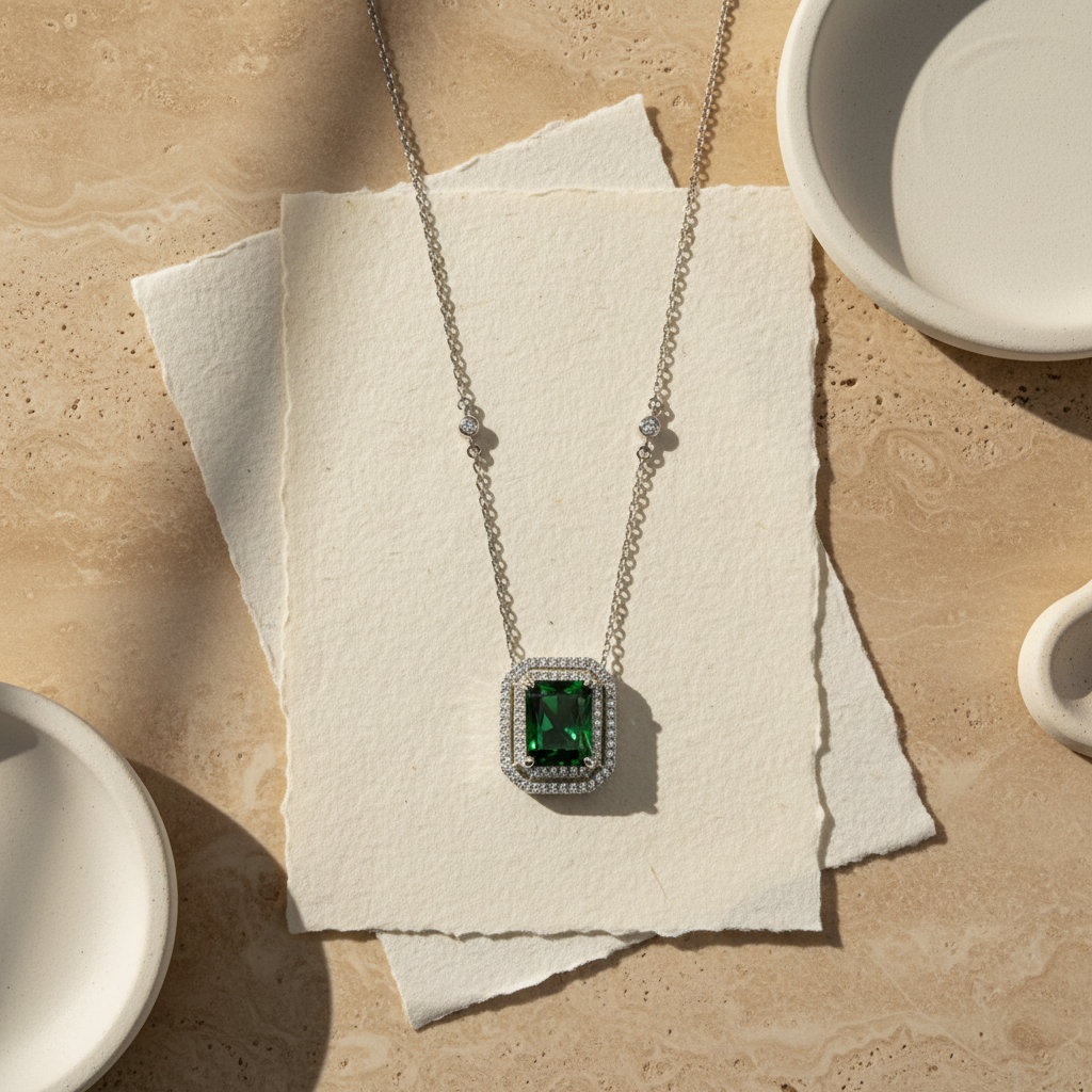 Elegante 925 Sterling -Silber -Halskette mit rechteckiger grüner Zirkonie