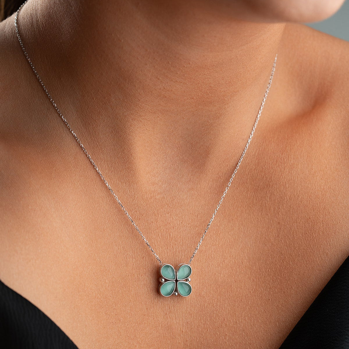 Klaver Ketting met Groene Steen | 925 Zilver