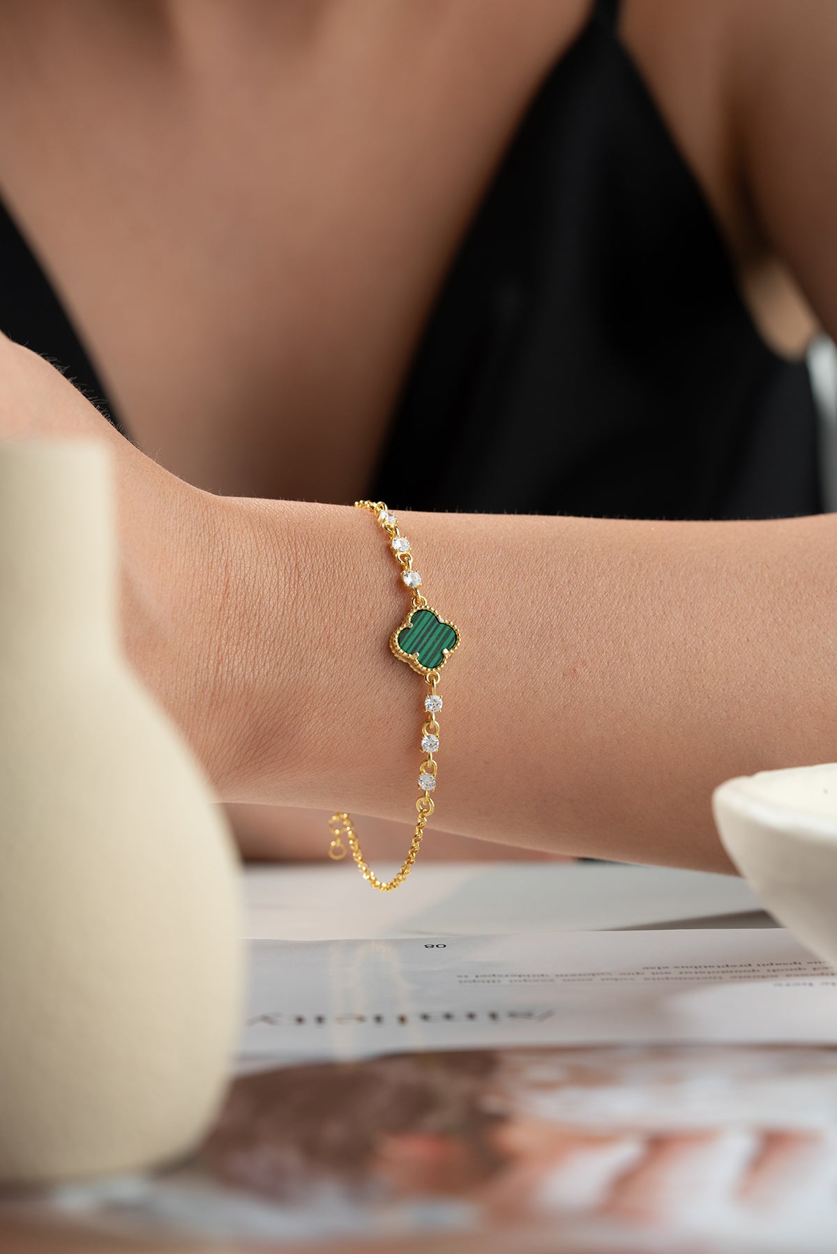 925 Silberarmband mit Malachit Klaver und Zirkonia