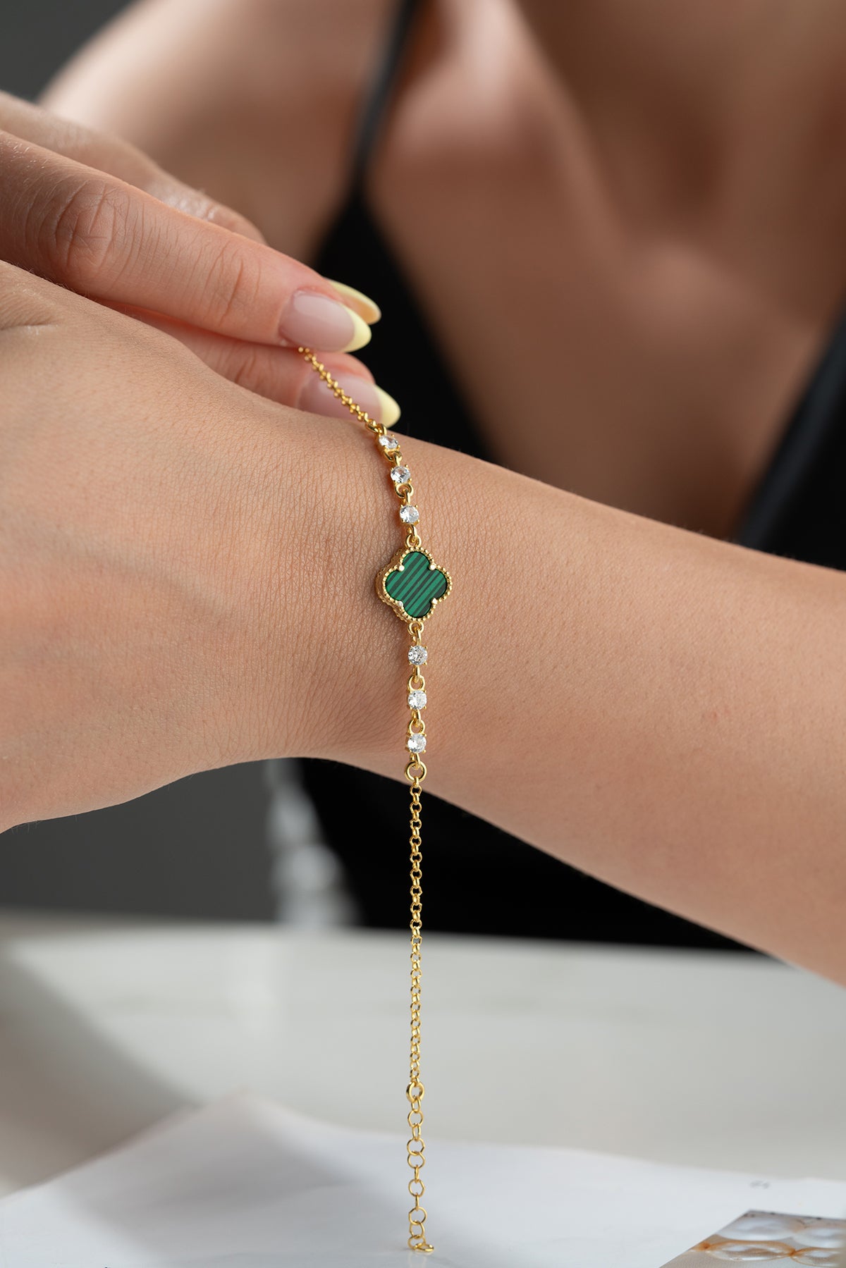 925 Silberarmband mit Malachit Klaver und Zirkonia
