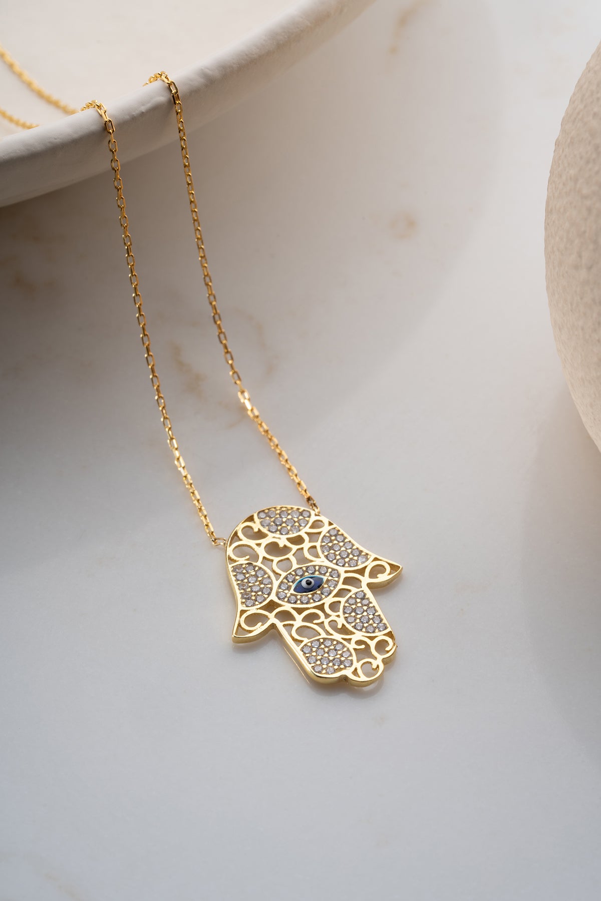 Hamsa Hand Ketting met Oog - 925 Zilver Verguld