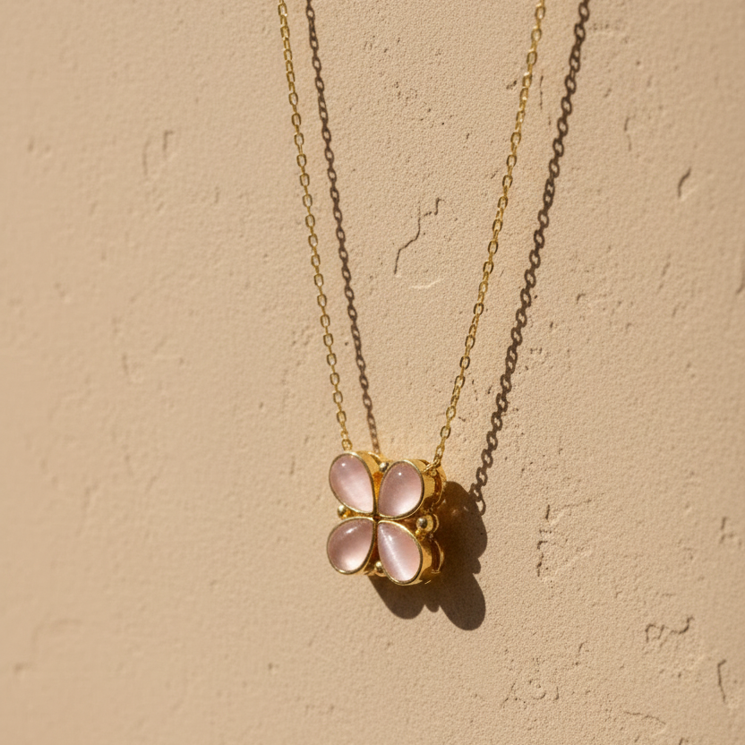 Klaver Ketting met Roze Stenen | 925 Zilver